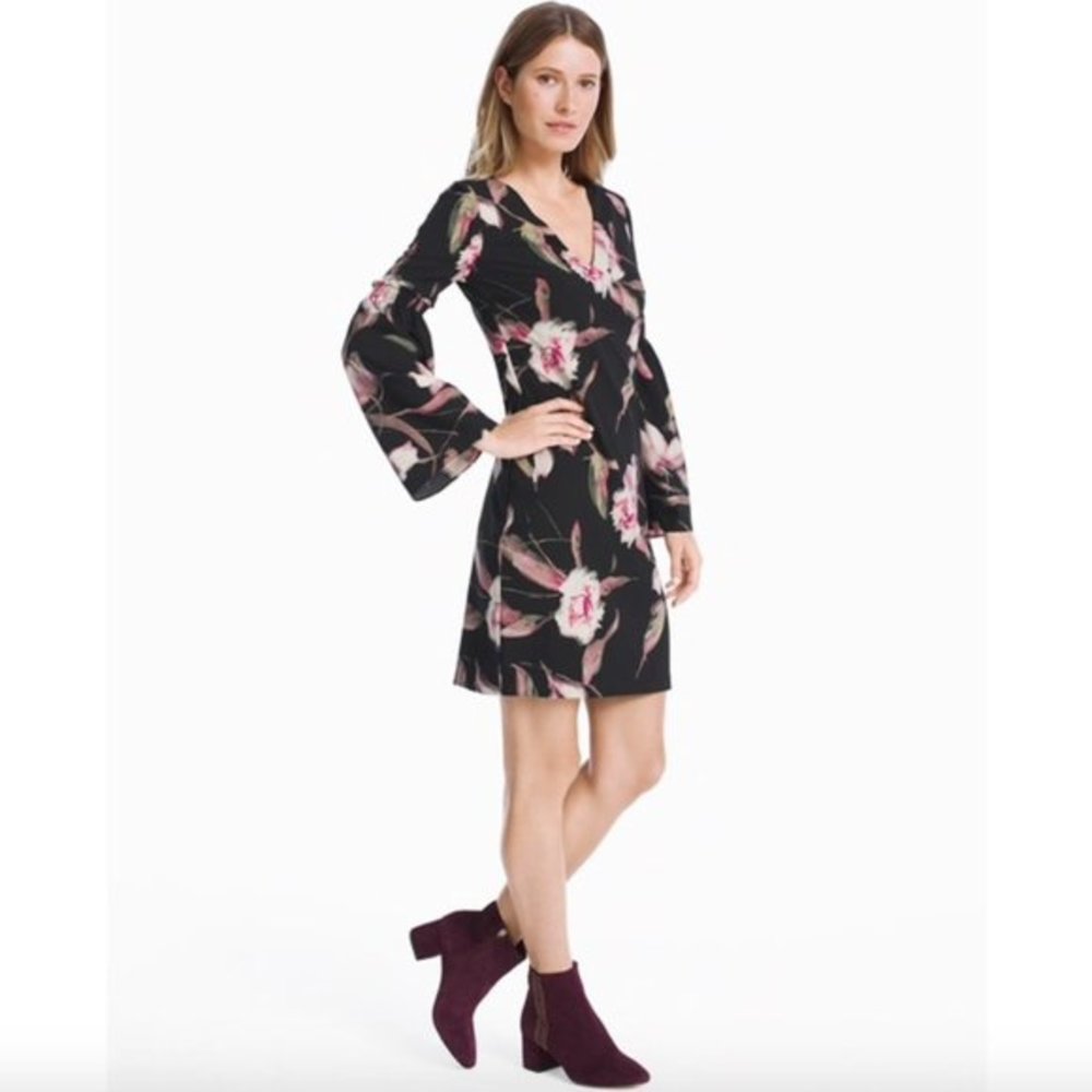 WHBM Black Floral Bell Sleeved Dress Size 2
